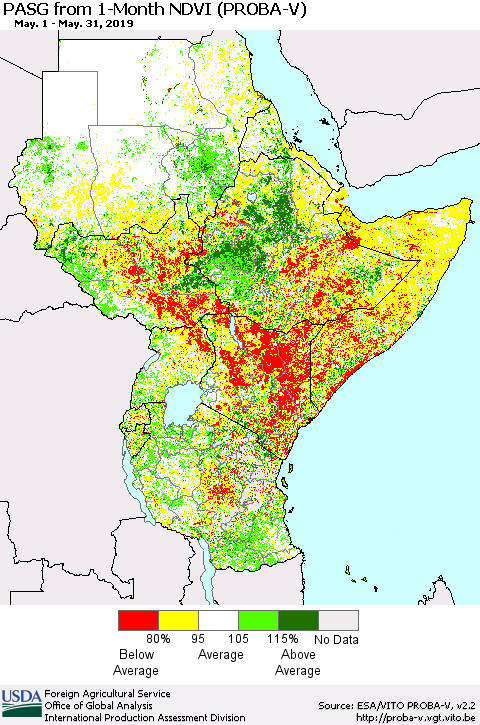 Eastern Africa PASG from 1-Month NDVI (PROBA-V) Thematic Map For 5/21/2019 - 5/31/2019
