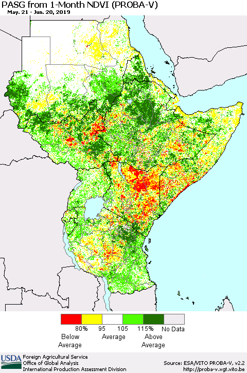 Eastern Africa PASG from 1-Month NDVI (PROBA-V) Thematic Map For 6/11/2019 - 6/20/2019