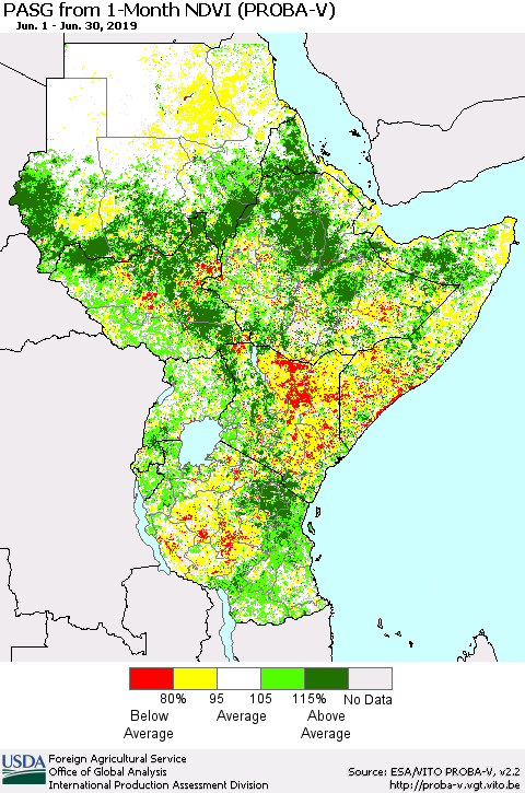 Eastern Africa PASG from 1-Month NDVI (PROBA-V) Thematic Map For 6/21/2019 - 6/30/2019