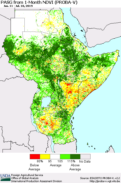 Eastern Africa PASG from 1-Month NDVI (PROBA-V) Thematic Map For 7/1/2019 - 7/10/2019