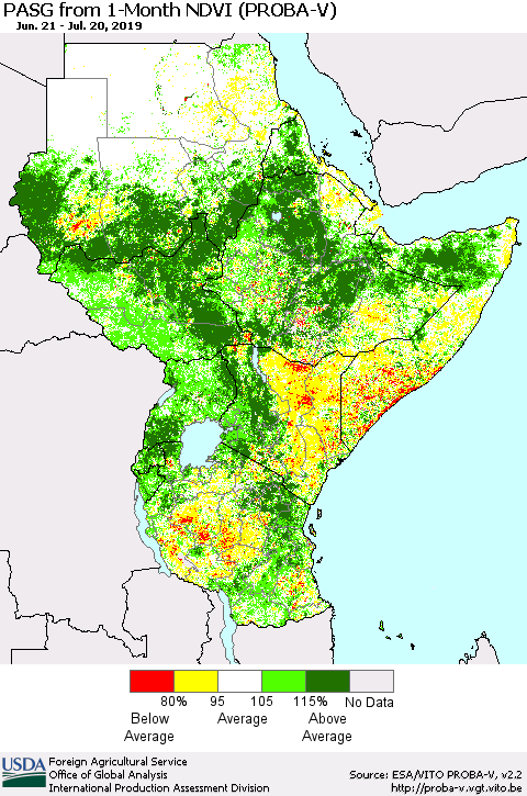 Eastern Africa PASG from 1-Month NDVI (PROBA-V) Thematic Map For 7/11/2019 - 7/20/2019