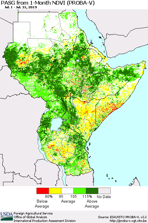 Eastern Africa PASG from 1-Month NDVI (PROBA-V) Thematic Map For 7/21/2019 - 7/31/2019