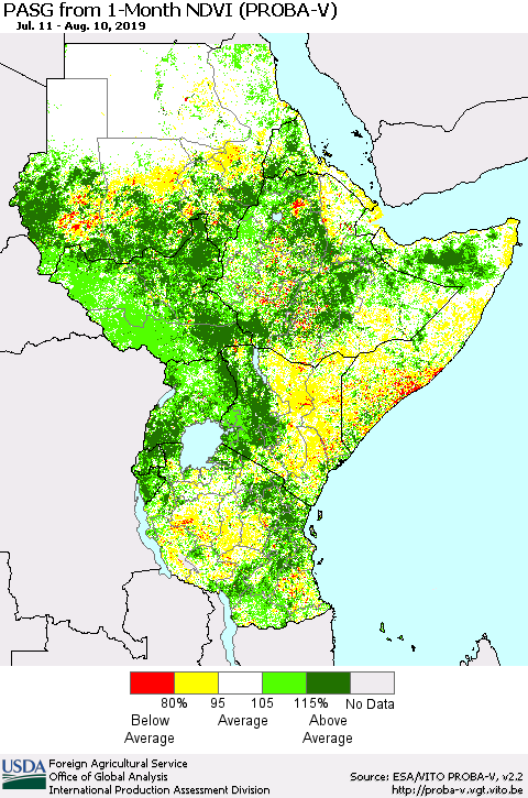 Eastern Africa PASG from 1-Month NDVI (PROBA-V) Thematic Map For 8/1/2019 - 8/10/2019