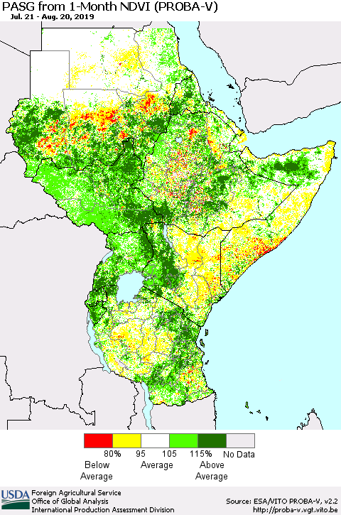 Eastern Africa PASG from 1-Month NDVI (PROBA-V) Thematic Map For 8/11/2019 - 8/20/2019