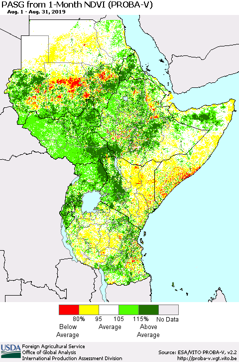 Eastern Africa PASG from 1-Month NDVI (PROBA-V) Thematic Map For 8/21/2019 - 8/31/2019