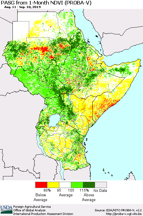 Eastern Africa PASG from 1-Month NDVI (PROBA-V) Thematic Map For 9/1/2019 - 9/10/2019