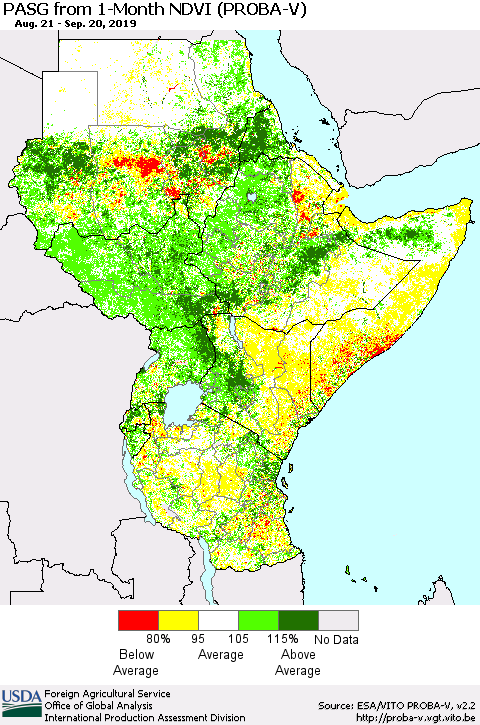 Eastern Africa PASG from 1-Month NDVI (PROBA-V) Thematic Map For 9/11/2019 - 9/20/2019