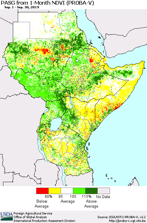 Eastern Africa PASG from 1-Month NDVI (PROBA-V) Thematic Map For 9/21/2019 - 9/30/2019