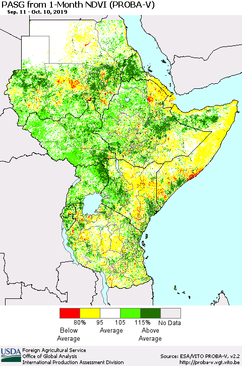 Eastern Africa PASG from 1-Month NDVI (PROBA-V) Thematic Map For 10/1/2019 - 10/10/2019