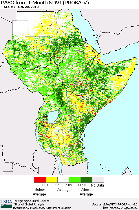Eastern Africa PASG from 1-Month NDVI (PROBA-V) Thematic Map For 10/11/2019 - 10/20/2019