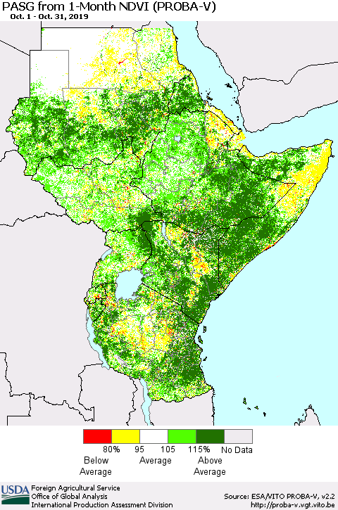 Eastern Africa PASG from 1-Month NDVI (PROBA-V) Thematic Map For 10/21/2019 - 10/31/2019
