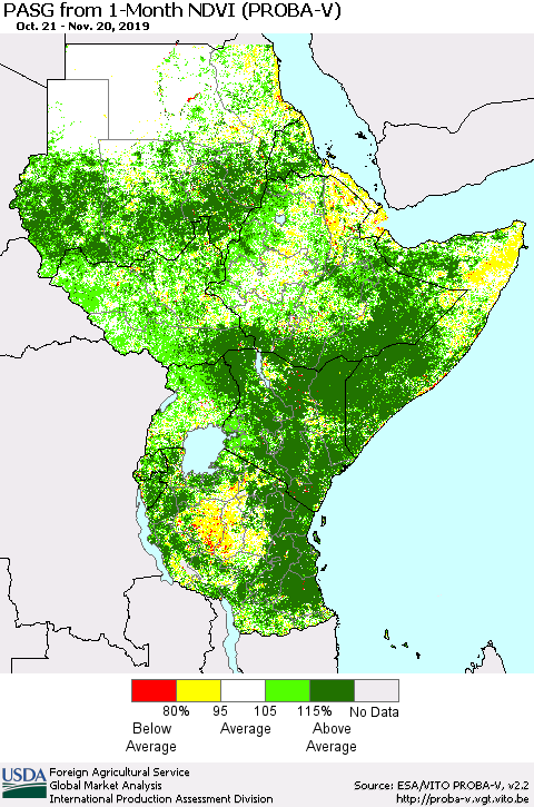 Eastern Africa PASG from 1-Month NDVI (PROBA-V) Thematic Map For 11/11/2019 - 11/20/2019