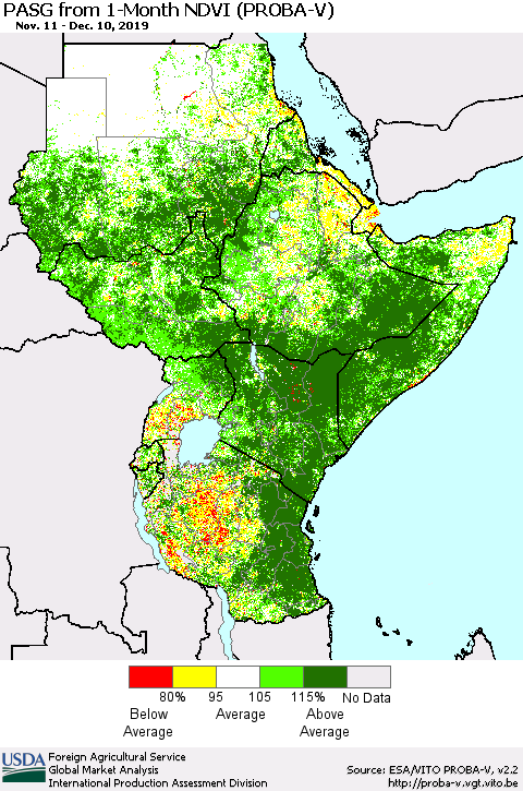 Eastern Africa PASG from 1-Month NDVI (PROBA-V) Thematic Map For 12/1/2019 - 12/10/2019