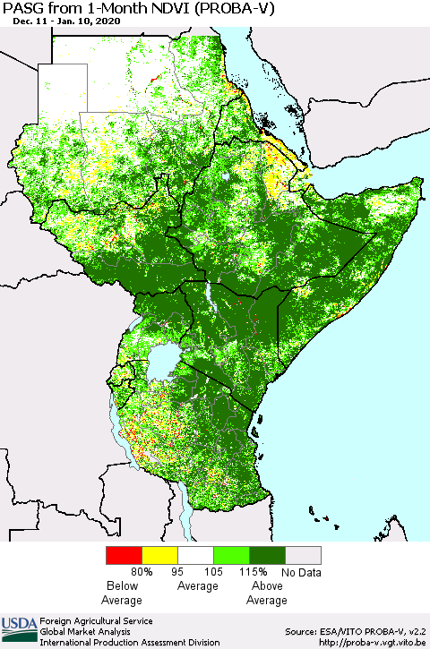 Eastern Africa PASG from 1-Month NDVI (PROBA-V) Thematic Map For 1/1/2020 - 1/10/2020