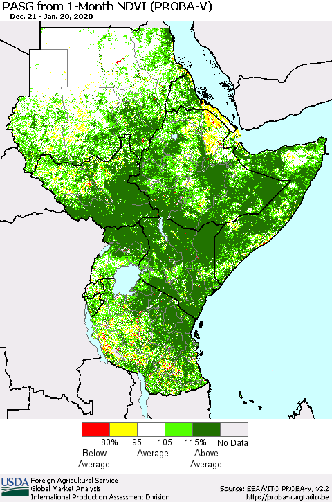 Eastern Africa PASG from 1-Month NDVI (PROBA-V) Thematic Map For 1/11/2020 - 1/20/2020