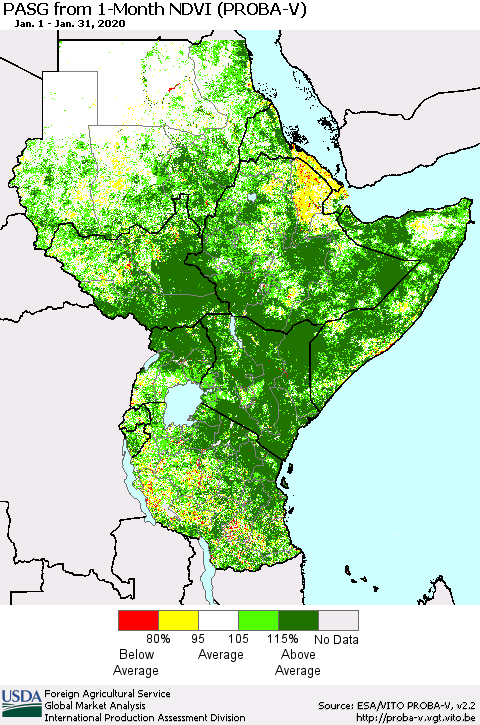 Eastern Africa PASG from 1-Month NDVI (PROBA-V) Thematic Map For 1/21/2020 - 1/31/2020