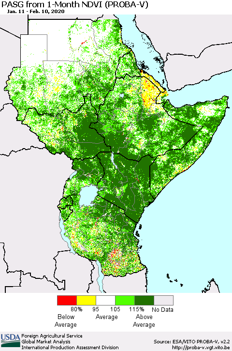 Eastern Africa PASG from 1-Month NDVI (PROBA-V) Thematic Map For 2/1/2020 - 2/10/2020