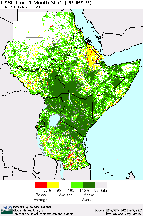Eastern Africa PASG from 1-Month NDVI (PROBA-V) Thematic Map For 2/11/2020 - 2/20/2020