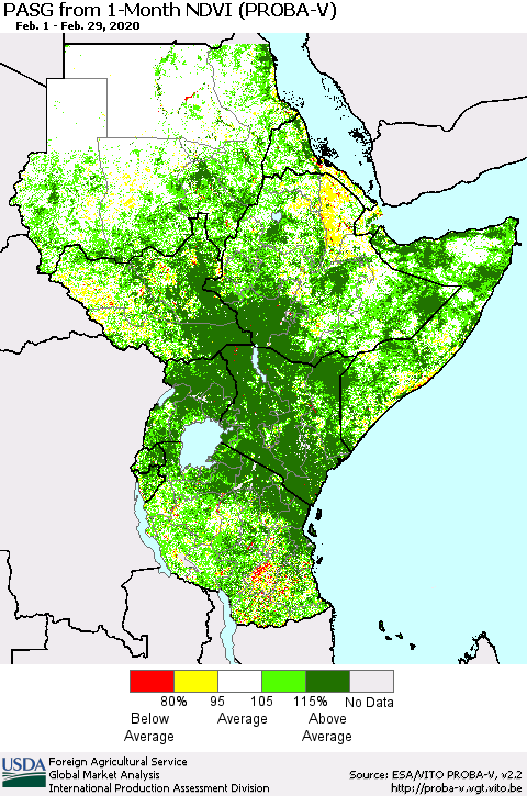 Eastern Africa PASG from 1-Month NDVI (PROBA-V) Thematic Map For 2/21/2020 - 2/29/2020