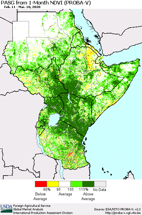 Eastern Africa PASG from 1-Month NDVI (PROBA-V) Thematic Map For 3/1/2020 - 3/10/2020