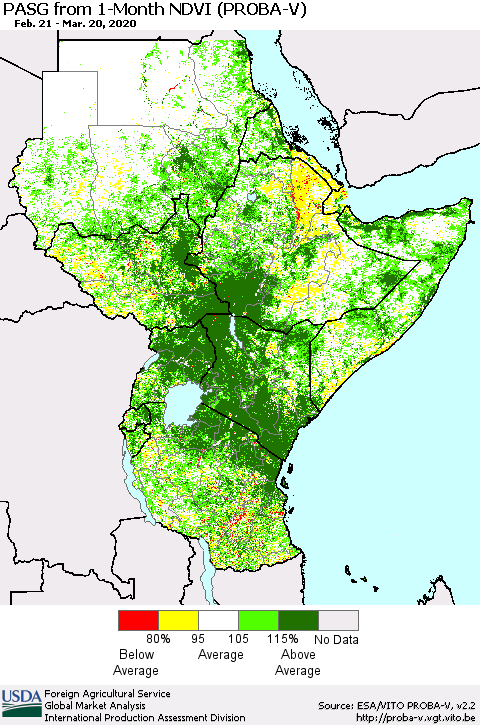 Eastern Africa PASG from 1-Month NDVI (PROBA-V) Thematic Map For 3/11/2020 - 3/20/2020