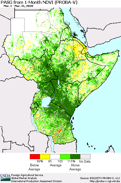 Eastern Africa PASG from 1-Month NDVI (PROBA-V) Thematic Map For 3/21/2020 - 3/31/2020