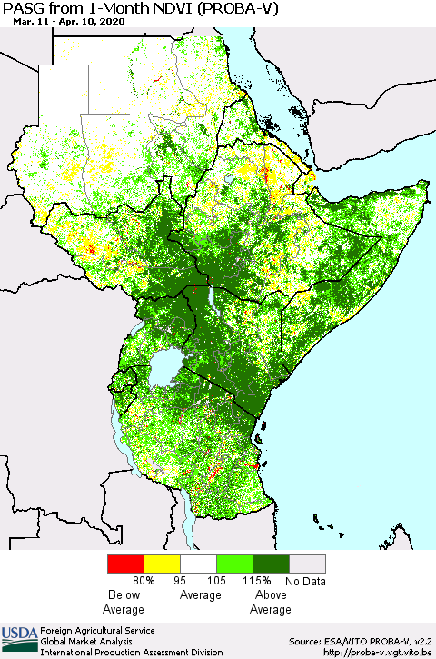 Eastern Africa PASG from 1-Month NDVI (PROBA-V) Thematic Map For 4/1/2020 - 4/10/2020