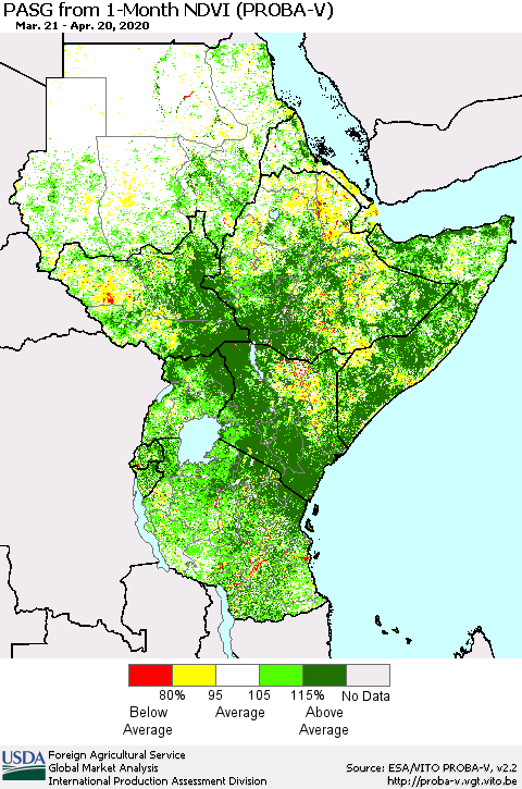 Eastern Africa PASG from 1-Month NDVI (PROBA-V) Thematic Map For 4/11/2020 - 4/20/2020