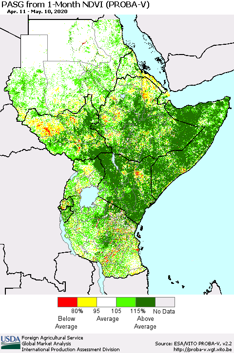 Eastern Africa PASG from 1-Month NDVI (PROBA-V) Thematic Map For 5/1/2020 - 5/10/2020