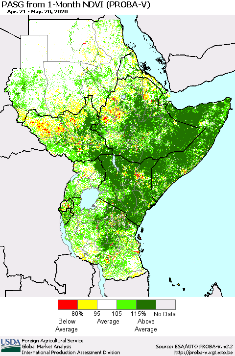 Eastern Africa PASG from 1-Month NDVI (PROBA-V) Thematic Map For 5/11/2020 - 5/20/2020