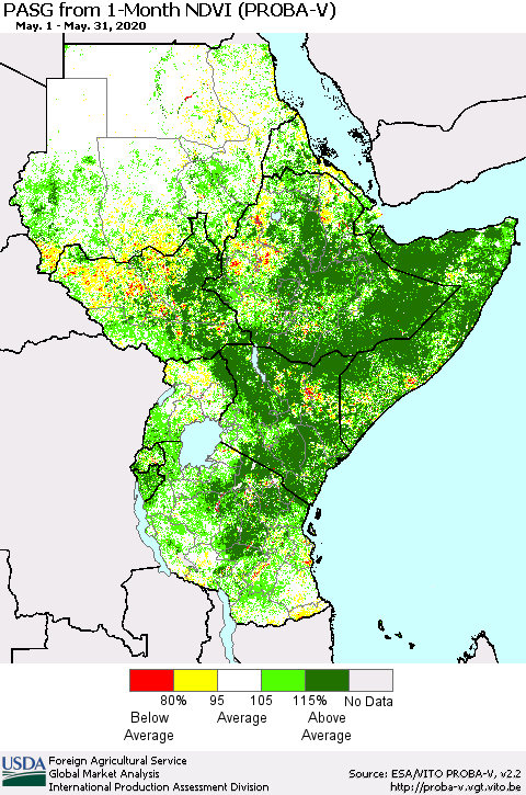 Eastern Africa PASG from 1-Month NDVI (PROBA-V) Thematic Map For 5/21/2020 - 5/31/2020