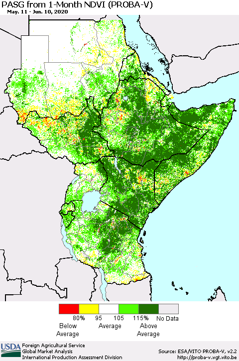 Eastern Africa PASG from 1-Month NDVI (PROBA-V) Thematic Map For 6/1/2020 - 6/10/2020