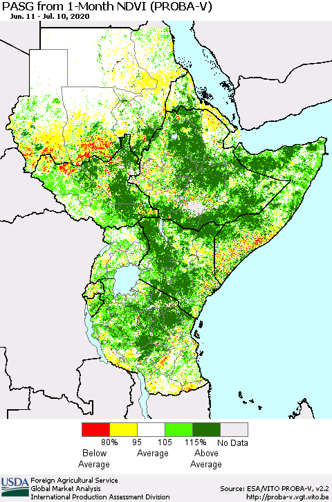 Eastern Africa PASG from 1-Month NDVI (PROBA-V) Thematic Map For 7/1/2020 - 7/10/2020