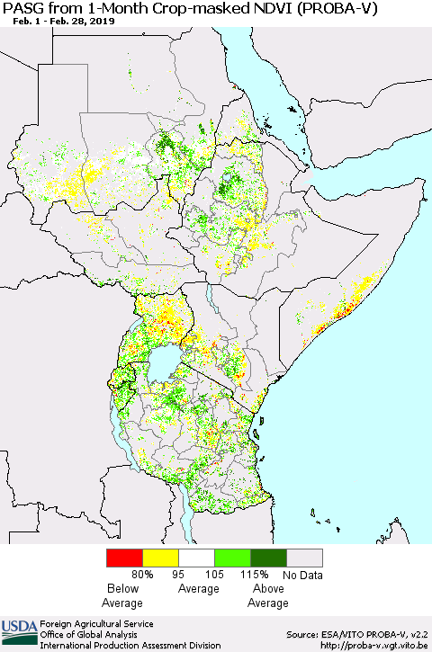 Eastern Africa PASG from 1-Month Crop-masked NDVI (PROBA-V) Thematic Map For 2/21/2019 - 2/28/2019
