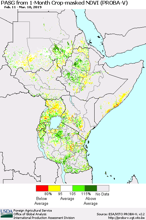 Eastern Africa PASG from 1-Month Crop-masked NDVI (PROBA-V) Thematic Map For 3/1/2019 - 3/10/2019