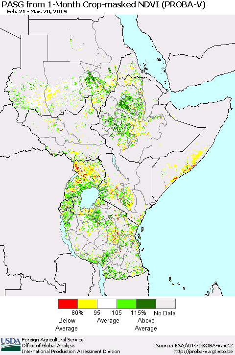 Eastern Africa PASG from 1-Month Crop-masked NDVI (PROBA-V) Thematic Map For 3/11/2019 - 3/20/2019