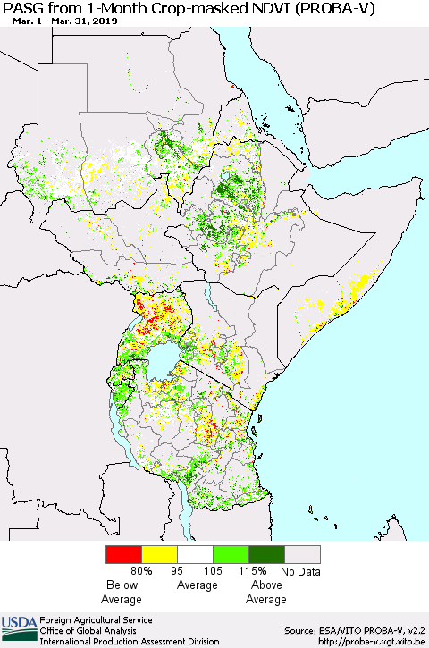 Eastern Africa PASG from 1-Month Crop-masked NDVI (PROBA-V) Thematic Map For 3/21/2019 - 3/31/2019
