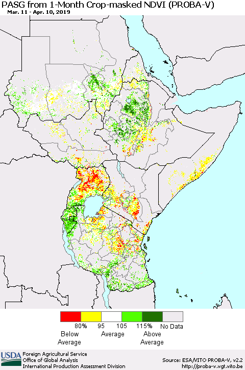 Eastern Africa PASG from 1-Month Crop-masked NDVI (PROBA-V) Thematic Map For 4/1/2019 - 4/10/2019