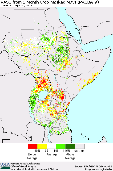 Eastern Africa PASG from 1-Month Crop-masked NDVI (PROBA-V) Thematic Map For 4/11/2019 - 4/20/2019