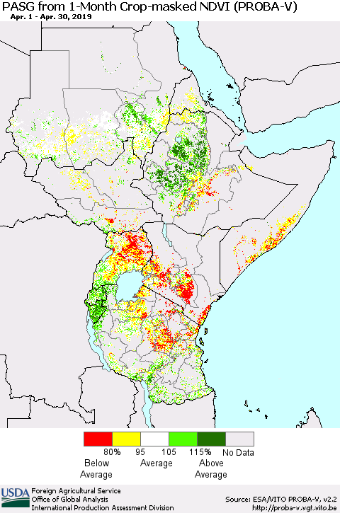 Eastern Africa PASG from 1-Month Crop-masked NDVI (PROBA-V) Thematic Map For 4/21/2019 - 4/30/2019