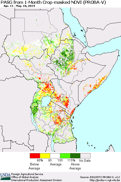 Eastern Africa PASG from 1-Month Crop-masked NDVI (PROBA-V) Thematic Map For 5/1/2019 - 5/10/2019