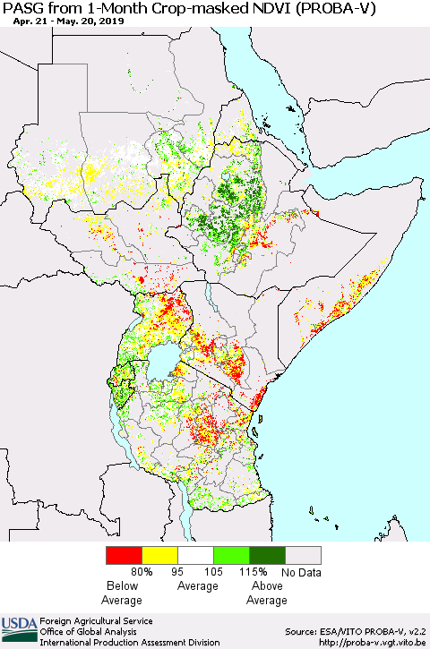 Eastern Africa PASG from 1-Month Crop-masked NDVI (PROBA-V) Thematic Map For 5/11/2019 - 5/20/2019