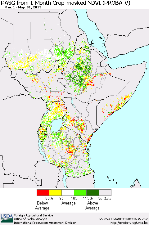 Eastern Africa PASG from 1-Month Crop-masked NDVI (PROBA-V) Thematic Map For 5/21/2019 - 5/31/2019