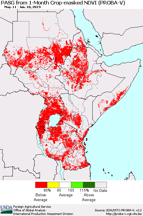 Eastern Africa PASG from 1-Month Crop-masked NDVI (PROBA-V) Thematic Map For 6/1/2019 - 6/10/2019