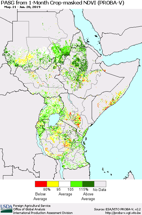 Eastern Africa PASG from 1-Month Crop-masked NDVI (PROBA-V) Thematic Map For 6/11/2019 - 6/20/2019