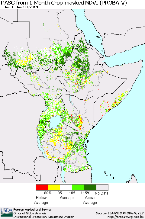 Eastern Africa PASG from 1-Month Crop-masked NDVI (PROBA-V) Thematic Map For 6/21/2019 - 6/30/2019