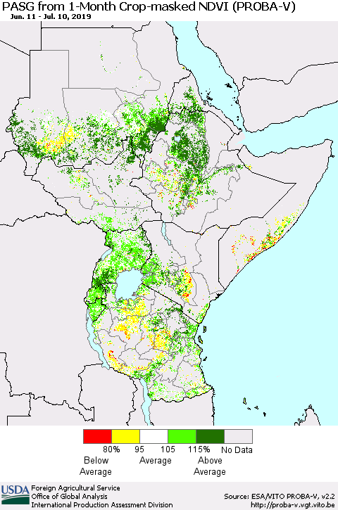 Eastern Africa PASG from 1-Month Crop-masked NDVI (PROBA-V) Thematic Map For 7/1/2019 - 7/10/2019