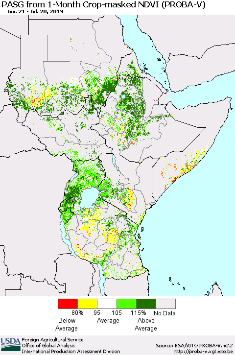 Eastern Africa PASG from 1-Month Crop-masked NDVI (PROBA-V) Thematic Map For 7/11/2019 - 7/20/2019