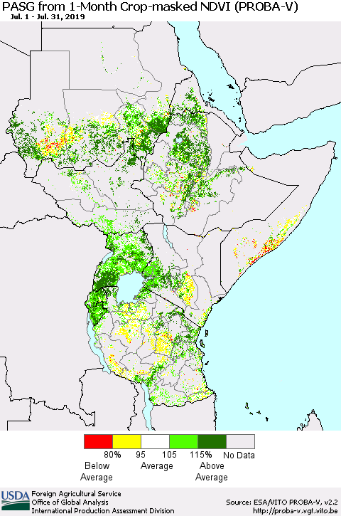 Eastern Africa PASG from 1-Month Crop-masked NDVI (PROBA-V) Thematic Map For 7/21/2019 - 7/31/2019