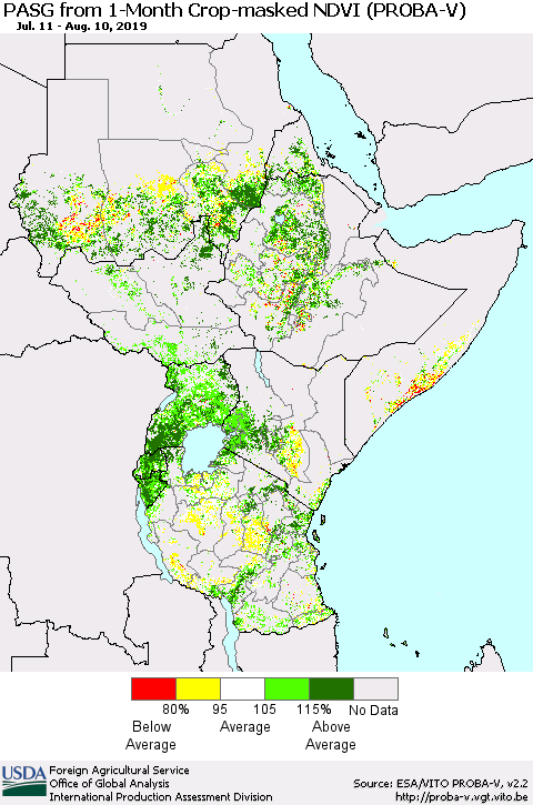 Eastern Africa PASG from 1-Month Crop-masked NDVI (PROBA-V) Thematic Map For 8/1/2019 - 8/10/2019